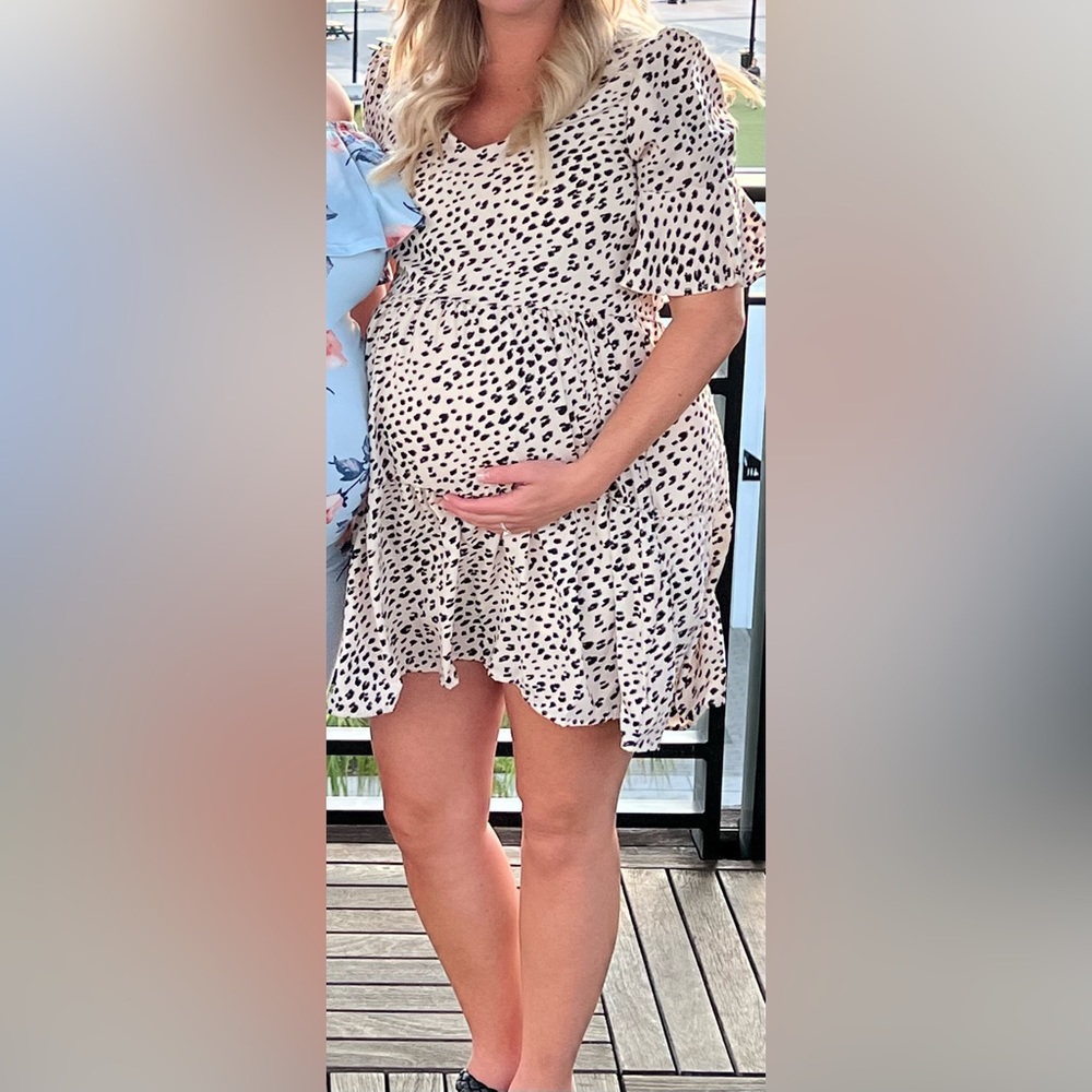 Pink Blush Maternity- Beige Animal Print Ruffle Dress